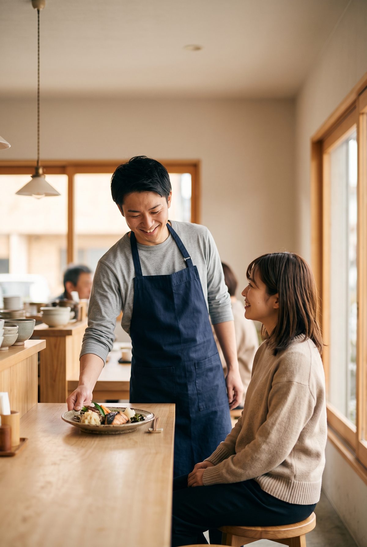 Staff serving a customer in a bright Japanese restaurant
